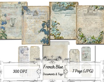 May include: Seven vintage style digital paper pages with blue forget-me-not flowers and text, including "Grand Hotel Menu", "Victorian Beer Saloon Bill of Fare", and "Histoire Naturelle des Animaux".  Also included are seven digital tags with text, including "Teacher's" and "Belly Meta".