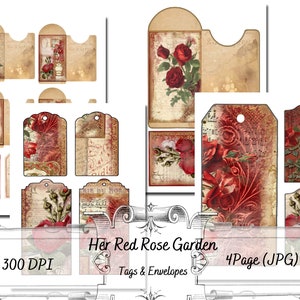 Her Red Rose Garden Collection - Tags - Umschlag - Ephemera - Druckpapier - Digital Download - Junk Journaling - Einzigartig Ella