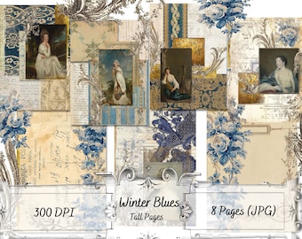May include: A digital collage sheet with eight pages featuring vintage images of women in blue and white clothing, floral patterns, and gold accents. The text "Winter Blues" and "Tall Pages" is included in the image. The image is 300 DPI and is available as a JPG download.
