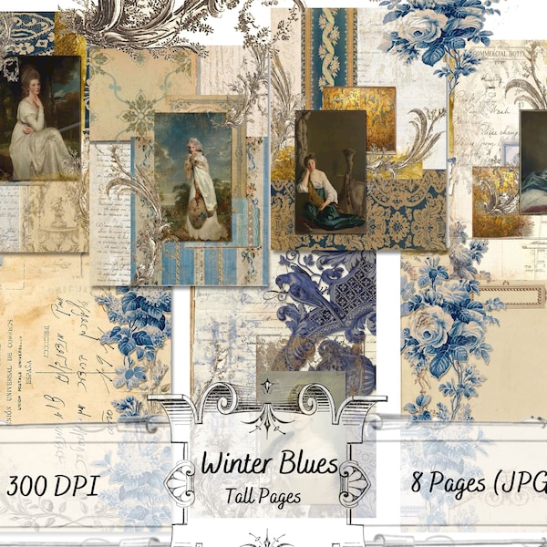 Winter Blues  - Tall Journal Pages - Printable Pages - Junk Journaling - Digital Papers - Collage - Vintage Images - Uniquely Ella