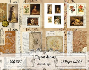 May include: A collage of 12 digital journal pages featuring vintage-inspired designs with floral patterns, handwritten text, and images of women in period clothing. The pages are 300 DPI and are perfect for scrapbooking, journaling, or other creative projects.