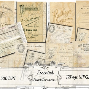 May include: A collection of 12 vintage French documents, each with unique text and designs. The documents are in various shades of beige and brown, with some featuring gold accents. The documents include a wine label, a photography studio advertisement, a hotel bill, and several handwritten receipts.