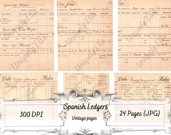 Spanish Vintage Ledger Pages  - Documents - Printable Pages - Junk Journaling - Digital Papers - Vintage Images - Uniquely Ella