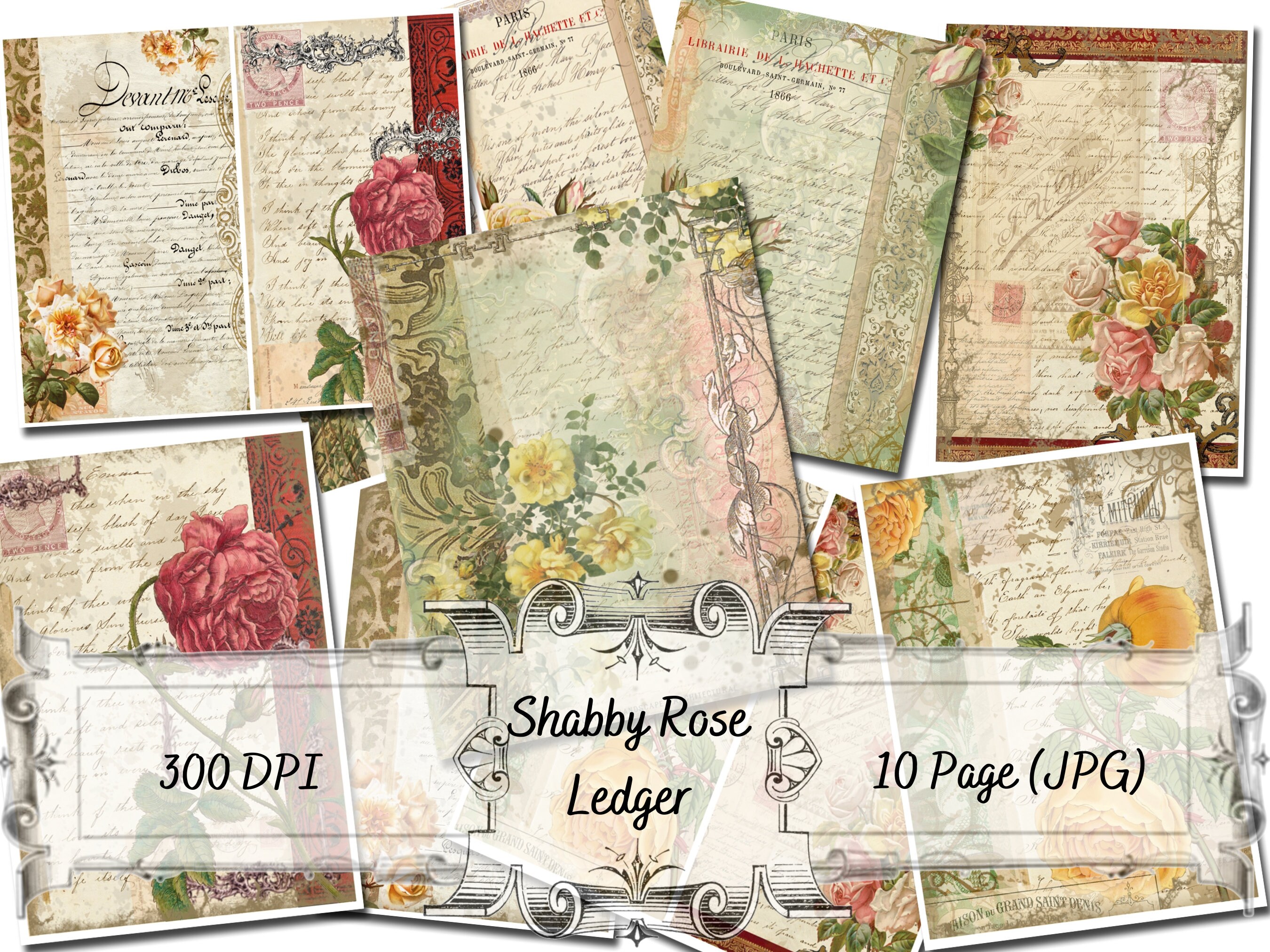 Shabby Rose Vintage Ledger Paper - Antique Ephemera - Printable Paper ...