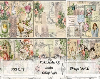 May include: A digital collage sheet with 8 pages of vintage-style images featuring flowers, birds, butterflies, and other spring-themed elements. The collage sheet is 300 DPI and is titled "Pink Shades of Easter Collage Pages".