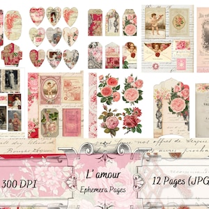 Könnte beinhalten: Eine Sammlung von Vintage-Ephemera mit romantischen Bildern. Enthält Anhänger, Herzen und Umschläge mit floralen und Cherub-Designs. Die Farbpalette ist weich, mit Rosa, Rot und Creme. Der Text "L'amour Ephemera Pages" und "12 Pages (JPG)" ist sichtbar.