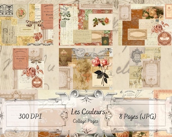 May include: A collage of vintage ephemera with floral and botanical illustrations, including roses, dragonflies, and handwritten script. The design features a soft color palette of beige, peach, and muted greens. The text "Les Couleurs Collage Pages" is visible.