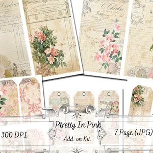 Kit complementar Pretty In Pink - Gasto e desbotado - Etiqueta - Cartões de registro no diário - Páginas de fundo - Papel para impressão - Download - Exclusivamente Ella