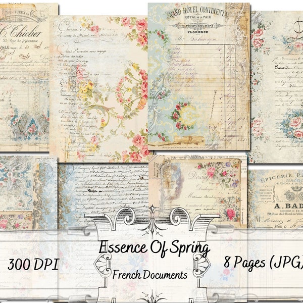 Essence Of Spring  - French Documents - Printable Pages - Junk Journaling - Digital Papers - Collage - Vintage Images - Uniquely Ella