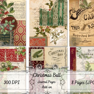 May include: A digital collage of eight vintage Christmas themed images. The images include a Christmas carol sheet music, a Christmas ball, a holly and berries illustration, and a red and gold patterned fabric. The text "Christmas Ball" is written in a decorative font at the bottom of the collage.