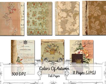 May include: Eight digital paper pages with vintage designs in shades of brown, beige, and cream. The pages feature floral patterns, text, and a basket of flowers. The text on the pages reads "L'EXPEDITION DE CHINE" and "Colors Of Autumn".