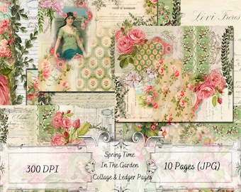May include: A digital collage sheet with 10 pages of vintage floral designs, including roses, leaves, and text. The collage sheet is 300 DPI and is perfect for scrapbooking, card making, and other crafting projects.