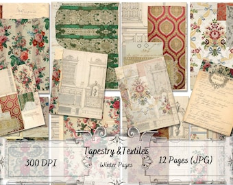 Op de afbeelding: Een digitale collage van 12 vintage bloem- en geometrische patronen, perfect voor scrapbooking, digitale kunst of knutselen. De patronen bevatten een verscheidenheid aan kleuren, waaronder rood, groen, wit en goud. De tekst "Tapestry & Textiles" en "Winter Pages" is opgenomen in de afbeelding.
