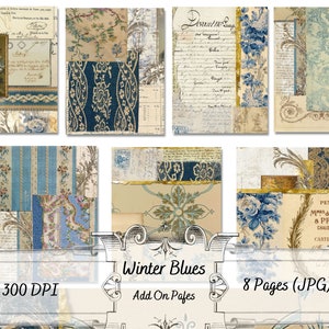 May include: Eight digital paper pages in a collage style with blue, gold, and white patterns. The pages feature floral designs, handwritten text, and vintage-inspired textures. The text on the pages reads "Donut" and "PENSION de Mde RAU & PROCO CHALONS SUF CARTE D'HO".
