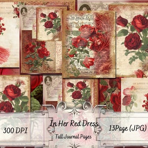 In Ihrem Roten Kleid - Große Journal Seiten - Rote Rosen Garten Sammlung - Collage Seiten - Digital Download - Junk Journaling - Einzigartig Ella