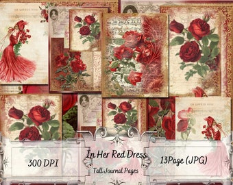 In Her Red Dress - Tall Journal Pages - Red Rose Garden Collection - Collage Pages - Digital Download - Junk Journaling - Uniquely Ella