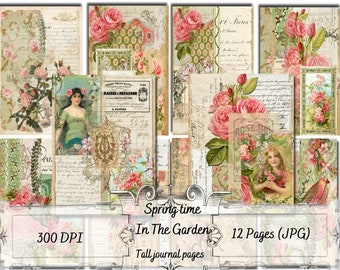 May include: Twelve digital scrapbook pages featuring vintage illustrations of roses, floral designs, and handwritten text. The pages are 300 DPI and are titled "Springtime in the Garden".