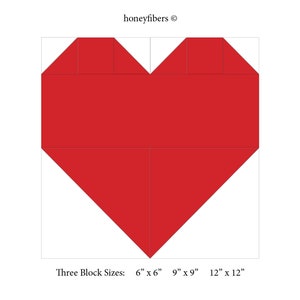 Heart Quilt Block Pattern, Instant Download, THREE Quilt Block Sizes: 6", 9"", 12" - Easy Beginner Pattern - READ DESCRIPTION