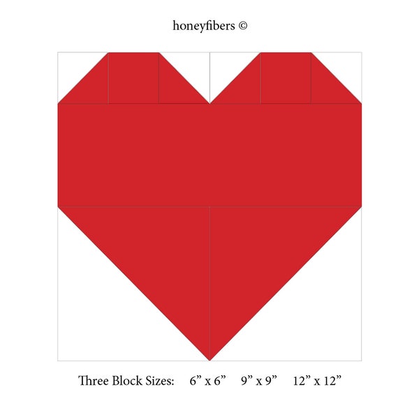 Heart Quilt Block Pattern, Instant Download, THREE Quilt Block Sizes: 6", 9"", 12" - Easy Beginner Pattern - READ DESCRIPTION