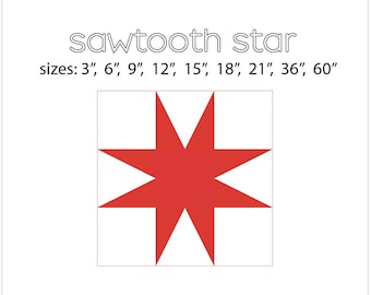 Puede incluir: Un bloque de colcha de estrella de dientes de sierra rojo con el texto "sawtooth star" y "sizes: 3", 6", 9", 12", 15", 18", 21", 36", 60" ".