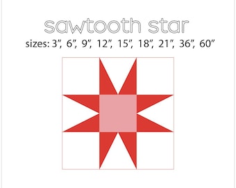 Puede incluir: Un bloque de colcha de estrella de diente de sierra rojo y blanco. El bloque está formado por ocho triángulos rojos que apuntan hacia adentro para formar una estrella. El centro de la estrella es un cuadrado rosa. El texto "sawtooth star" y "sizes: 3", 6", 9", 12", 15", 18", 21", 36", 60" está impreso sobre el bloque.