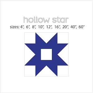 Puede incluir: Un diseño geométrico azul y blanco con forma de estrella hueca. La imagen incluye el texto "hollow star" y opciones de tamaño: 10 cm, 15 cm, 20 cm, 25 cm, 30 cm, 40 cm, 50 cm, 100 cm y 150 cm.