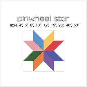 Puede incluir: Un diseño de estrella de molinillo de viento con el texto "pinwheel star" y opciones de tamaño de 10 cm a 152 cm. La estrella presenta ocho segmentos en varios colores, incluyendo rosa, azul, amarillo, rojo, verde, naranja, morado y azul.