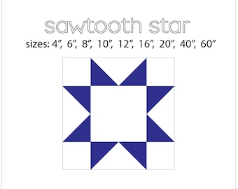 Puede incluir: Un bloque de colcha de estrella de dientes de sierra azul sobre un fondo blanco. El texto "sawtooth star" y "sizes: 4", 6", 8", 10", 12", 16", 20", 40", 60" está impreso sobre el bloque.