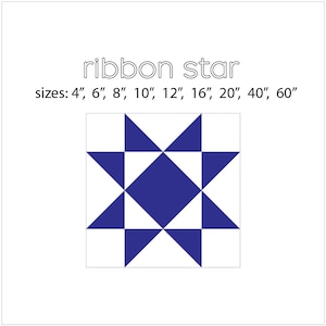 Puede incluir: Un bloque de colcha azul y blanco llamado estrella de cinta. El bloque está formado por ocho triángulos y un cuadrado en el centro. El texto "ribbon star" y "sizes: 4", 6", 8", 10", 12", 16", 20", 40", 60" está impreso sobre el bloque.