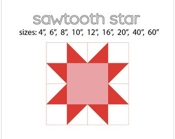 Puede incluir: Un patrón de bloque de colcha de estrella de dientes de sierra rojo y rosa con instrucciones para hacer el bloque en tamaños de 4 pulgadas a 60 pulgadas. El texto "sawtooth star" y "sizes: 4", 6", 8", 10", 12", 16", 20", 40", 60" está incluido en la imagen.