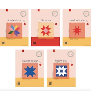 Puede incluir: Cinco patrones de bloques de colcha imprimibles que presentan diferentes diseños de estrellas: molinillo, cinta, sierra, sierra y hueco. Cada patrón está etiquetado con el nombre de la estrella y el tamaño en pulgadas. Los patrones están sobre un fondo melocotón con un círculo rojo y un fondo amarillo con un círculo rojo.