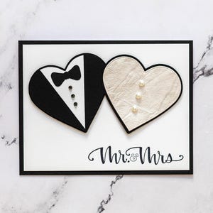 Carte de mariage 3D Mr. & Mme Hearts, carte de mariage smoking et robe, carte de mariage élégante faite main