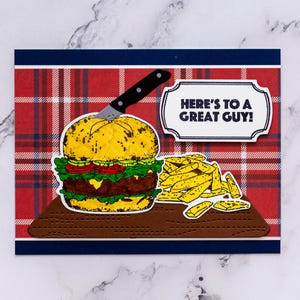 Carte de fête des pères 3D, carte masculine, carte de papa, carte de hamburgers et de frites, carte à carreaux, carte faite main, carte unique, carte de voeux
