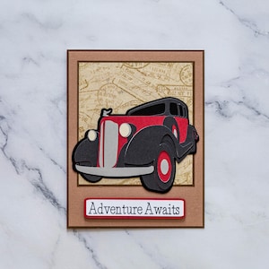 Carte de départ en retraite 3D, carte de voiture ancienne, carte masculine, carte nouveau voyage, carte faite main, carte unique, carte de voeux, l'aventure vous attend