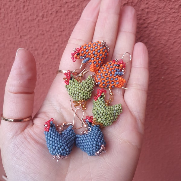 unique beaded hen earrings, cheerfull 3d chicken, funny animal jewelry, special easter  gift,  postpartum present for mother hen