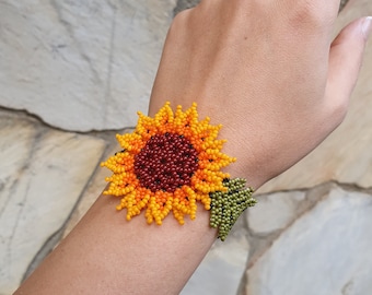 Unique seed beaded sunflower bracelet, yellow and orange helianthus cuff, romantic colorful beaded wristband