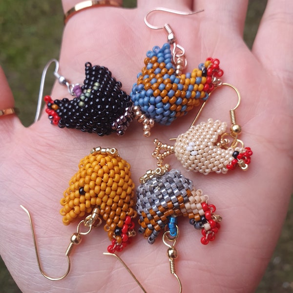 Unique beaded hen earrings, funny dangle chickens, customized jewelry, gold plated hooks easter jewelry, gift for animal lovers