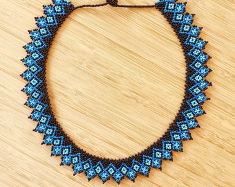 unique beaded necklace, blue seed bead choker, designer jewelry, chic luxury necklace, romantic artcrafted gift ideas