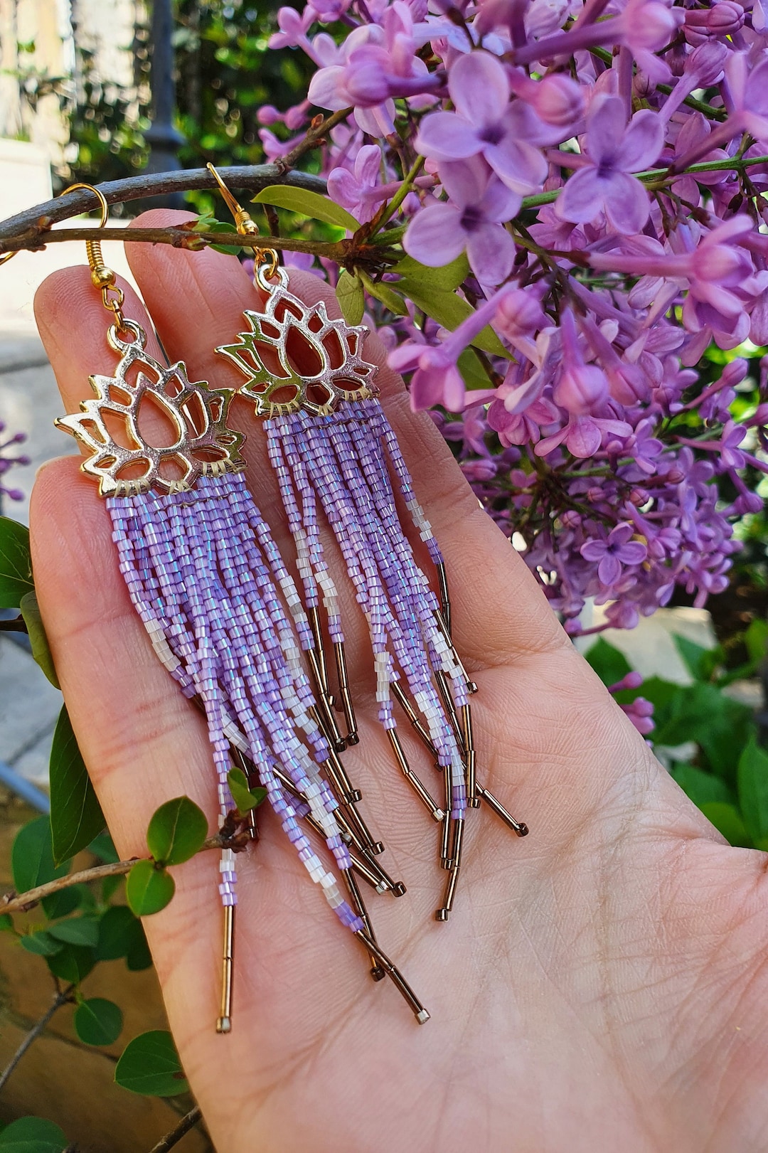 Long Dangling Beaded Earrings, Nature Inspired Jewelry, Shiny Purple