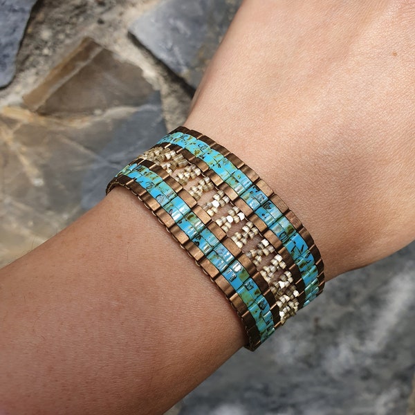 Modern cuff blue bracelet, unique aegean accessory, summer jewelry, romantic beaded gift, postpartum gift idea