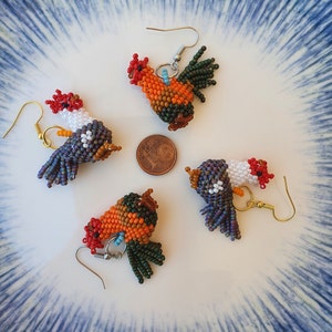 unique funny rooster earrings, beaded animal for animal lover, 3d  coop jewelries , friendship gift, postpartum