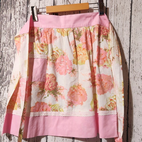 Vintage Pink Flower and Lace Half Apron