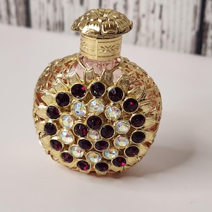 Czech Republic Handmade Perfume Bottle with Stopper, Red Rhinestones and Gold Color Metal Fillagree work