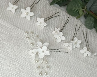 White flowers ceramic hair pin porcelain clay floral headpiece handmade