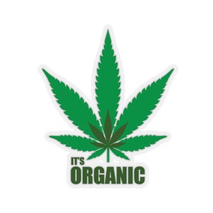 Peut inclure: Feuille de marijuana verte avec le texte "It's Organic" en lettres vert foncé.