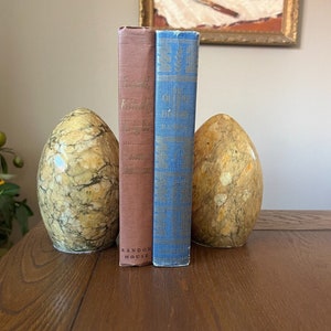 Natural Stone Marbled Egg Bookends MCM Yellow Green Veining Vintage Home Decor