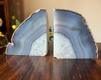 Agate Geode Bookends Blue White Crystal Rock Natural Stone Science Art