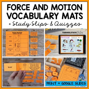 Op de afbeelding: Oranje en witte printbare woordenschatmatten over kracht en beweging met studiekaartjes en quizzen. De matten bevatten een raster met termen als kracht, wrijving, zwaartekracht, werk, snelheid, versnelling en snelheid. De studiekaartjes zijn oranje en bevatten illustraties en definities van de termen.