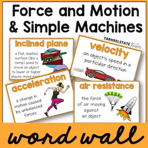 May include: A set of four colourful word wall cards with illustrations. The cards define the terms: inclined plane, acceleration, velocity, and air resistance. The cards are part of a larger set for teaching about force and motion.