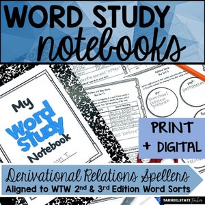 Może przedstawiać: Zbliżenie na drukowany i cyfrowy zeszyt do nauki słownictwa dla uczniów. Zeszyt ma niebiesko-białą kolorystykę z napisem "My Word Study Notebook" na okładce. Zeszyt jest zgodny z Words Their Way 2nd and 3rd Edition Word Sorts.